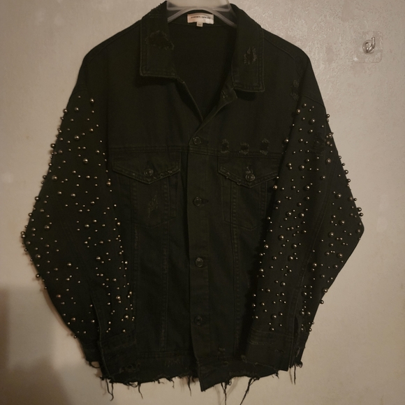 Sunset & Spring Embellished Oversized Distressed Denim Jacket Stud Accents XS - Picture 2 of 14